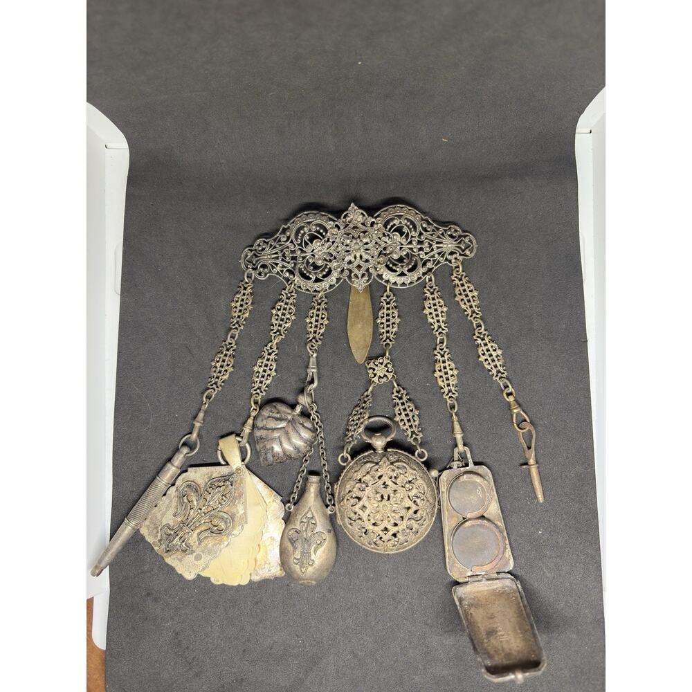 Rare Victorian Chatelaine 19C 7 Piece Scent Bottle Watch Powder Compact Notebook - Picture 3 of 13